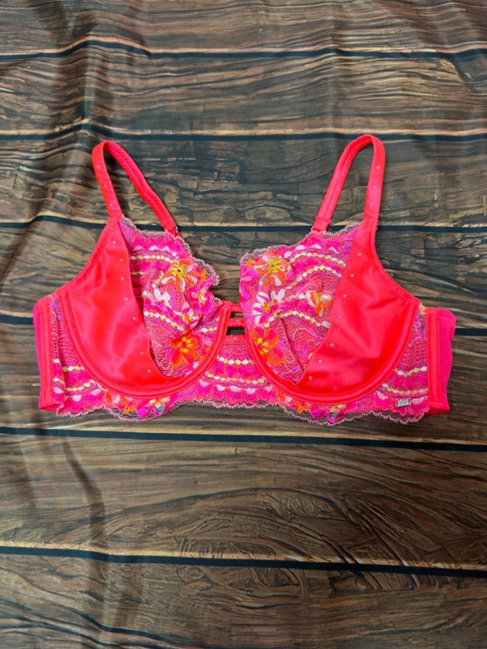 Vamp Pink Floral Embroidered Lace Underwire Sheer Bra & Panty Set 36DD Lingerie